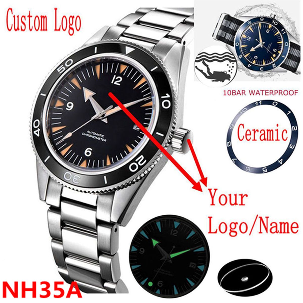 Mens Mechanical Watch - Özel Logo NH35 Hareket Izle 10bar